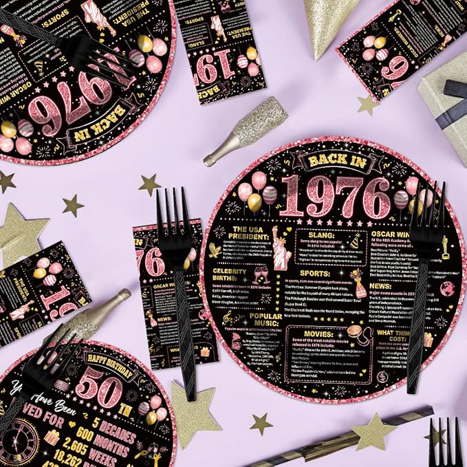 96Pcs 50th Birthday Decorations Women Tableware Set Rose Gold Back in 1976 Paper Plates Napkins Forks Cheers to 50 Years Disposable Tableware Decor for 50th Bday Theme Party Favor Serve 24 Guests