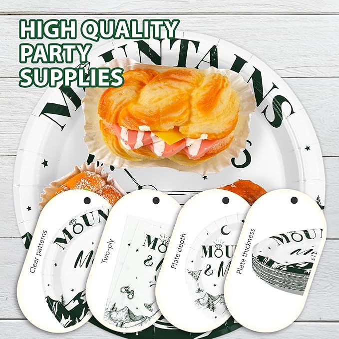 96Pcs Camp Bachelorette Decorations Green Tiny Bit Bridal Shower Plates and Napkins Mountains and Martinis Tableware Set for Camp Cocktail Wedding Engagement Bachelorette Party Supplies, Serves 24