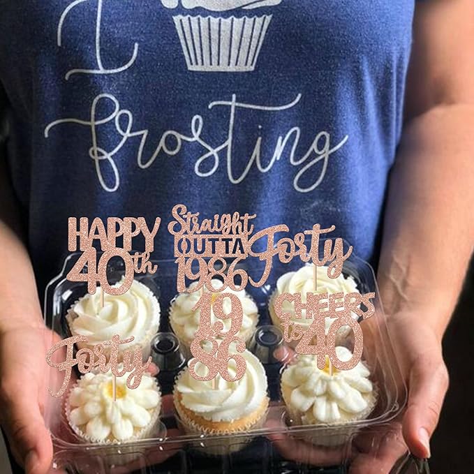 30PCS 40th Birthday Cupcake Toppers Glitter Forty Happy 40th Straight Outta 1986 Cupcake Picks for Cheers to 40 Years Birthday Wedding Anniversary Party Decorations Supplies Rose Gold