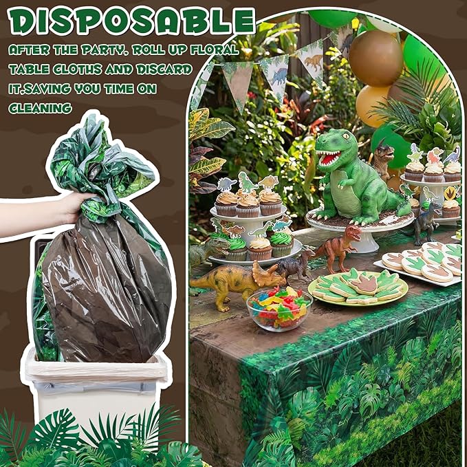 3 Pack Forest Path Tablecloths, 54 x 108 Inch Safari Jungle Table Cover Disposable Dinosaur Themed Tablecloth Waterproof Woodland Party Table Cloth for Birthday Baby Shower Picnic Camping Party Decor