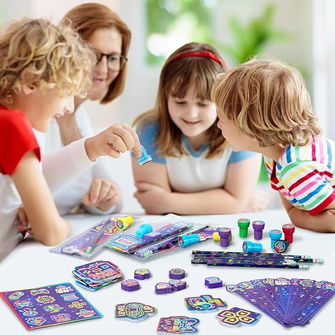 Cholemy 168 Pcs Video Game Party Favors Include Gaming Mini Notebook Gamer Birthday Sticker Pencil Stamper Ruler Eraser for Boy Teen Game Gifts Classroom Rewards Favor Party Supplies Decor (Cool)