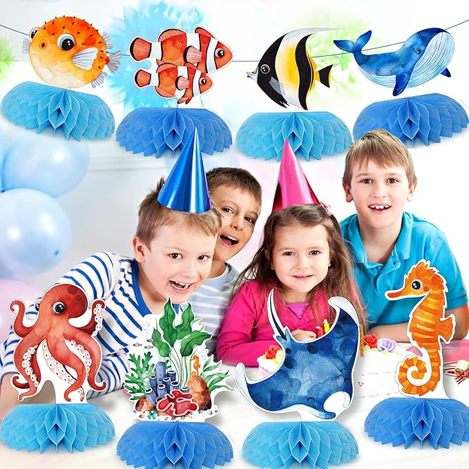 12 pcs Ocean Sea Animals Honeycomb Centerpieces Ocean Themed Birthday Party Decorations Tropical Beach Themed Party Decorations Fish Crab Turtle Seahorse Sea Creature Birthday Party Supplies