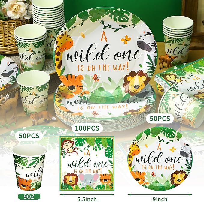 200 Pcs Jungle Safari Baby Shower Paper Plates Napkins Cups Baby Shower Party Supplies Tableware Set Jungle Animal Disposable Cup Napkin for 50 Guest Girls Spring Party Decoration