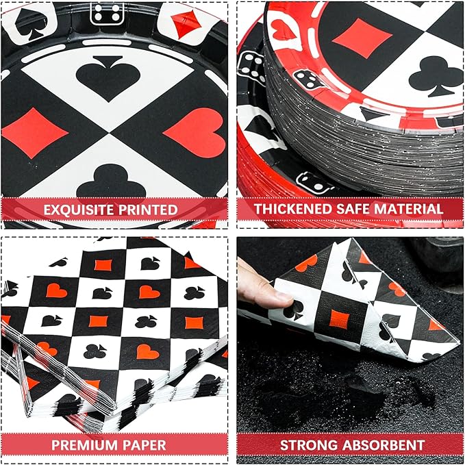180PCS Casino Party Supplies Serve 60, Poker Party Paper Plates and Napkins Kit for Casino Night Poker Club Birthday Party Decorations, Includes Dinner Plates, Dessert Plates, Napkins