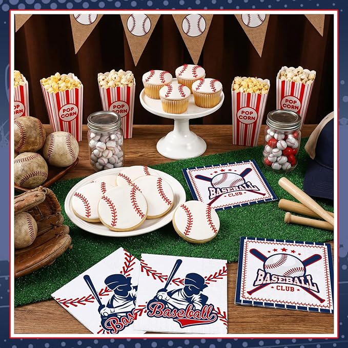 100 Pcs Baseball Napkins, 2-Ply Baseball Cocktail Napkins with 2 Different Pattern Baseballs Birthday Party Decorations for Sports Party, Baseballs Themed