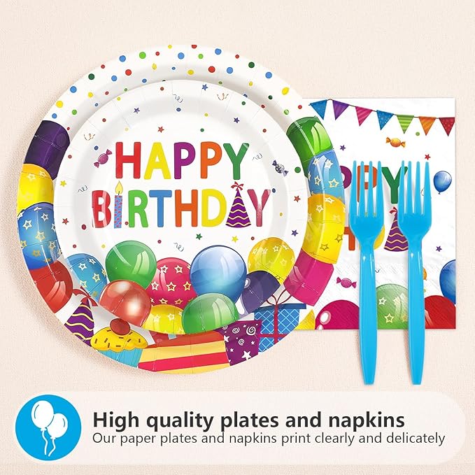 96Pcs Happy Birthday Decorations Colorful Dots Happy Birthday Plates and Napkins Disposable Rainbow Multicolor Decorations Tableware Set for Kids Boys Girls Birthday Party Supplies Serves 24