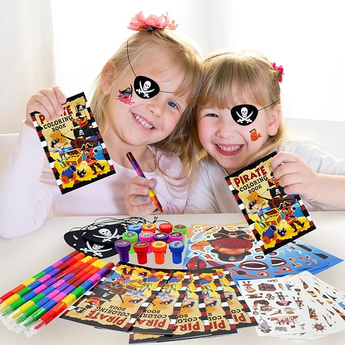Cinrobiye 72 Pcs Pirate Party Favors Bulk, Pirates Parrot Skull Coloring Books Stickers Stampers for Birthday Goodie Bag Fillers，Carnival Prizes Pinata, Nautical Treasure Hunt Party Supplies