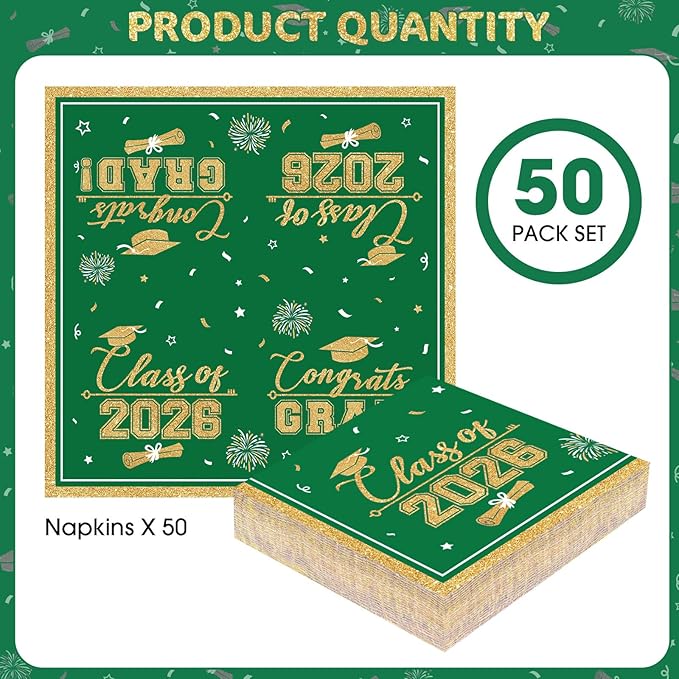 50 Pcs Graduation Napkins Class of 2026 - Green Gold Congrats Grad Napkins Set, 3-Ply Disposable Graduation Luncheon Dinner Party Paper Napkins for Graduations Party Supplies Table Decoration