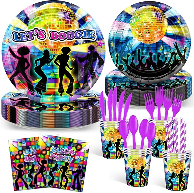 Avezano 192 Pcs Disco Party Plates and Napkins Supplies 70's Party Decorations Let's Boogie Theme Party Tableware Kit for Birthday Baby Shower Favors, Serves 24