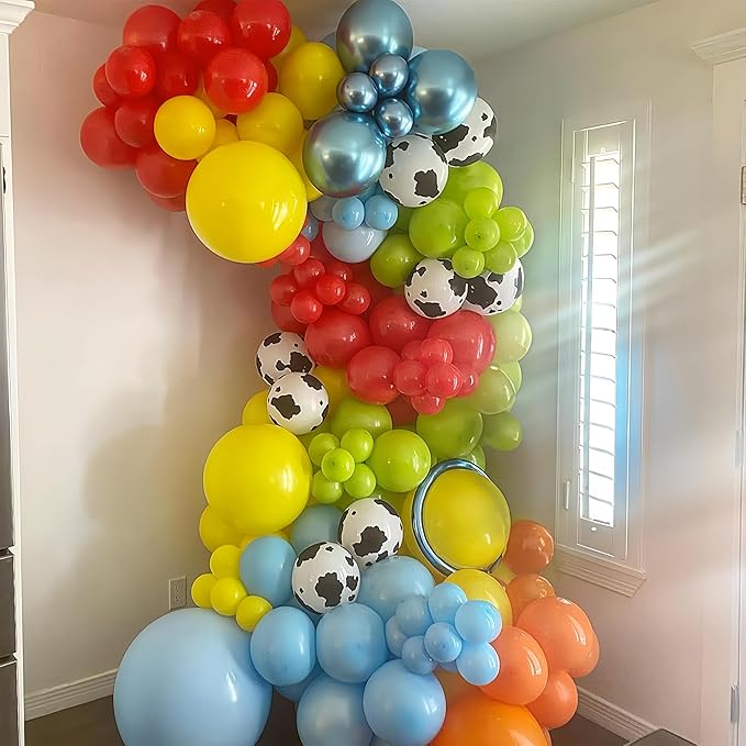 Toy Kids Birthday Balloons, 12 Inch Red Yellow Blue balloons With Cow Print Sky Light Blue Cloud Balloon, Lime Green Balloon for Toy Birthday Decorations Boys Girls Party Decorations