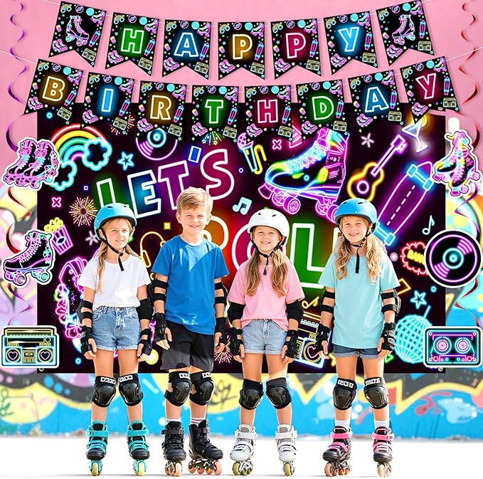 Roller Skating Party Decorations Glow Neon Happy Birthday Banner Let's Roll Backdrop Retro Roller Skating Honeycomb Centerpieces Hanging Swirl Decor for Kids Adults Hip Hop Rollerskate Party Supplies