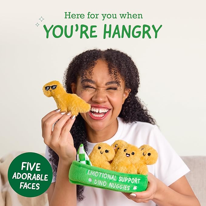 Emotional Support Dino Nuggies by Relatable, Easter Plush Stuffed Animals & Toy, Cute Easter Basket Stuffer, Non Candy Easter Gift for Kids, Includes 5 Dinosaur Plushies with Carrying Basket