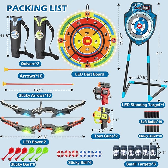 2 Pack Kids LED Archery Set with Standing Target & LED Dart Board, 20 Suction Cup Arrows Bow and Arrow for Kids 3-12, Indoor Outdoor Sport Toy for Boys Girls