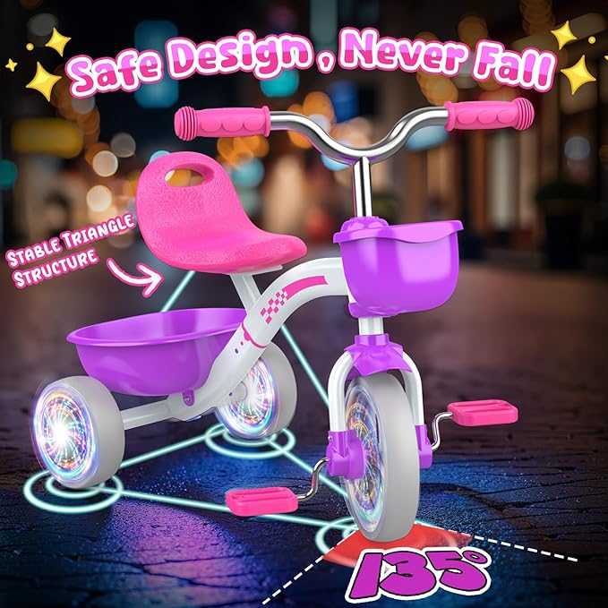 Toddler Tricycle for 1-3 3-5 Year Olds, 2 3 4 5 Year Old Girl Birthday Gifts, Purple Toddler Baby Bike, 4-Level Adjustable Seat, 3 Color Light Wheels, 2 Baskets, Outdoor Riding Toys for Ages 2-4