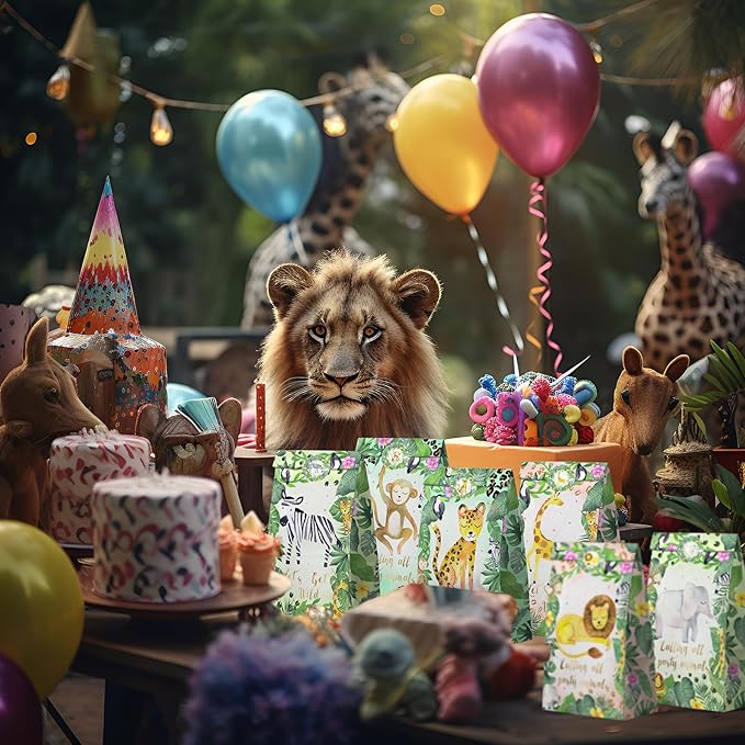 Watercolor Safari Party Favor Bags - 24 Pcs Jungle Party Candy Bags with Stickers - Jungle Goodie Gift Treat Bags - Watercolor Safari Themed Birthday Party Supplies