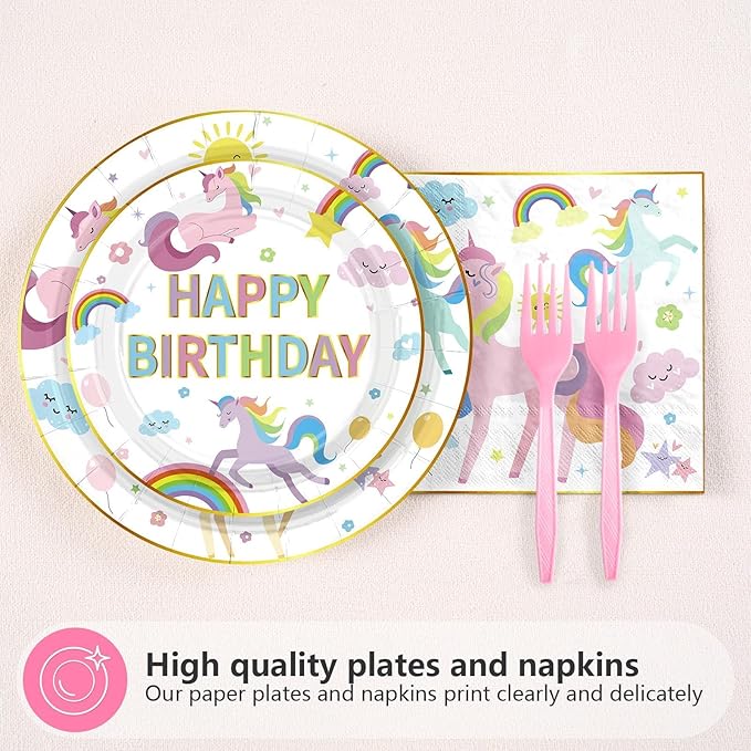 Grencian 96pc Unicorn 4th Birthday Party Supplies Magical Pastel Rainbow Unicorn Plates Napkins Forks Serves 24