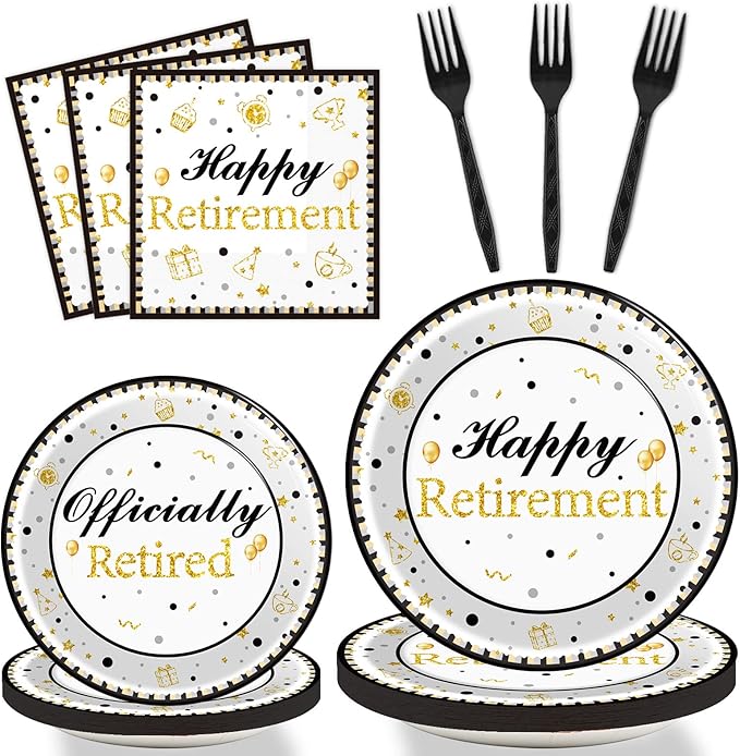 96 Pieces Happy Retirement Decorations Tableware for Men and Women - Dessert Plates, Napkins, Forks, Favors for 24 Guests
