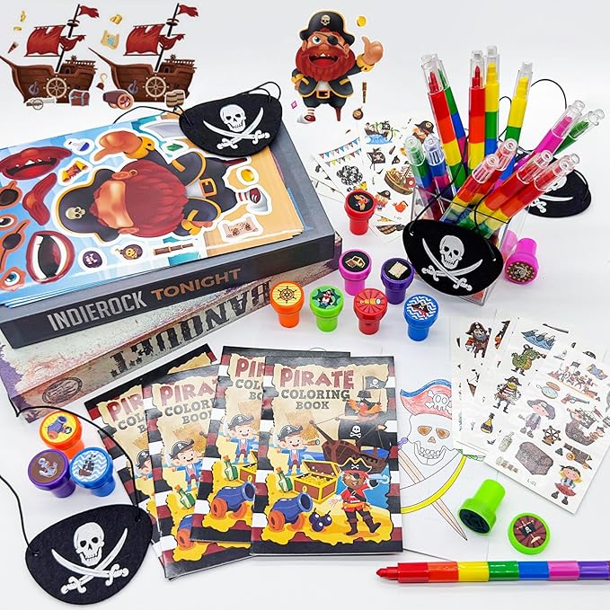 Cinrobiye 72 Pcs Pirate Party Favors Bulk, Pirates Parrot Skull Coloring Books Stickers Stampers for Birthday Goodie Bag Fillers，Carnival Prizes Pinata, Nautical Treasure Hunt Party Supplies