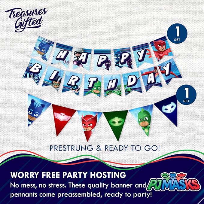 Treasures Gifted Officially Licensed PJ Masks Birthday Party Supplies - Serves 24 Guests - Complete Set with PJ Masks Decorations, Plates, Banner & More