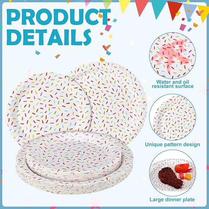 Zhehao 48 Pcs 7 Inch and 9 Inch Confetti Sprinkles Dessert Plates Set Sprinkles Paper Plates Decorations for Weddings Birthday Theme Party Supplies(Round)