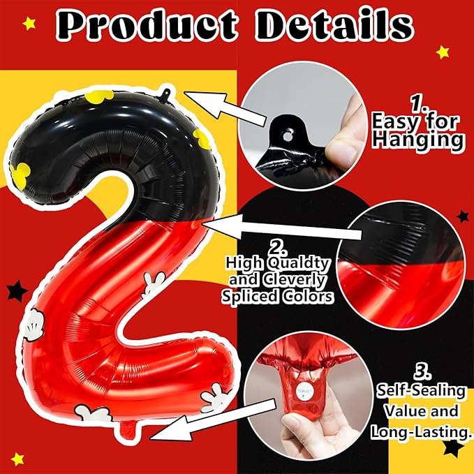 YIIHMEI Oh Twodles Mouse Balloons Birthday Decorations Toodles Party Supplies Boy Red And Black Foil Balloon Banner 40inch Number 2