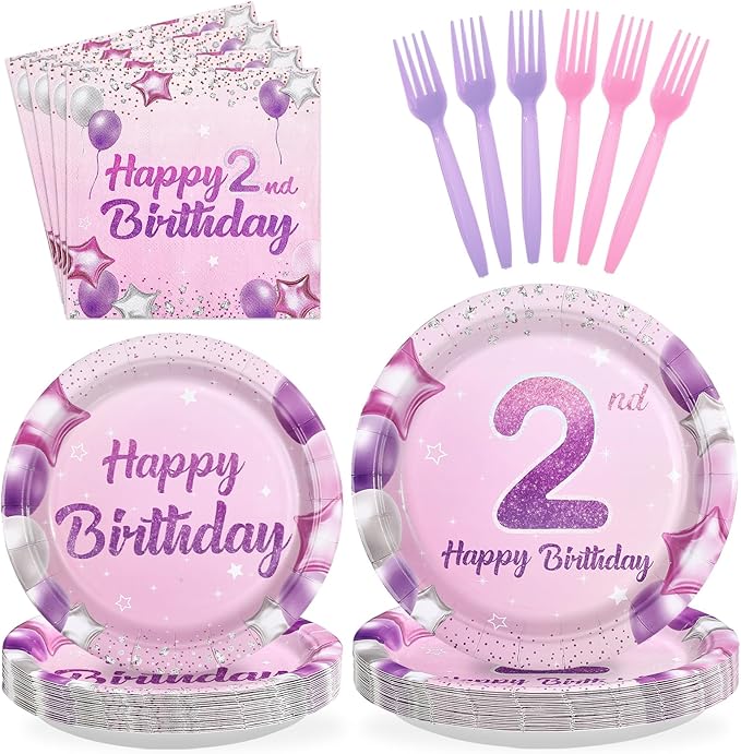 96Pcs Pink Purple 2nd Birthday Party Decorations Pastel 2nd Birthday Plates and Napkins Tableware Sets Pink Star Decorations Favors for Girls Baby Two Year Old Party Supplies Serves 24