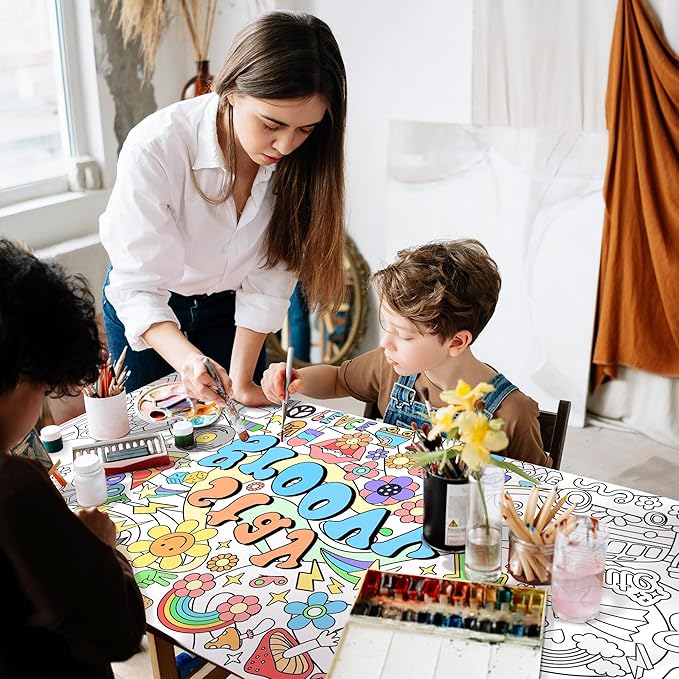 Dvbonike Jumbo Stay Groovy Coloring Poster Retro Hippie Boho Patterns DIY Drawing Color-in Paper Blank Doodle Art Banner 55.1 x 23.6 Inch Decor, School Group Activities for Kids Party Suppiles