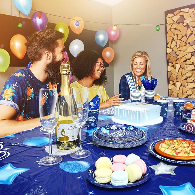 Norme 176 Pcs Navy Blue and Silver Birthday Tableware Set Birthday Decoration Includes Tablecloth Paper Plates Napkins Paper Cups Forks Knifes and Straws for 25 Guests Party Supplies (Classic)