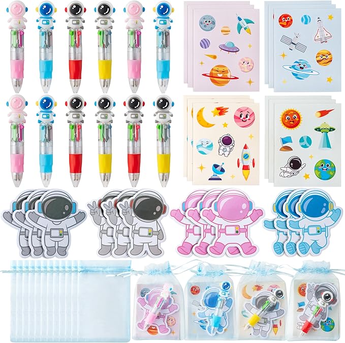 CY2SIDE Space Stationery Party Gift - 12 Pack Spring Gifts Stuffer with Outer Space 4-in-1 Ballpoint Pen Sticky Note Sticker and Organza Astronaut Party Favors Goodie Bag Fillers for School Rewards