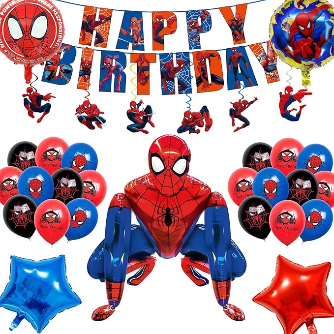 Cartoon spidey - themed birthday party supplies: "Happy Birthday" banner, 12inch latex balloons , 2 types of aluminium balloons hanging swirls,assemble the aluminum balloon