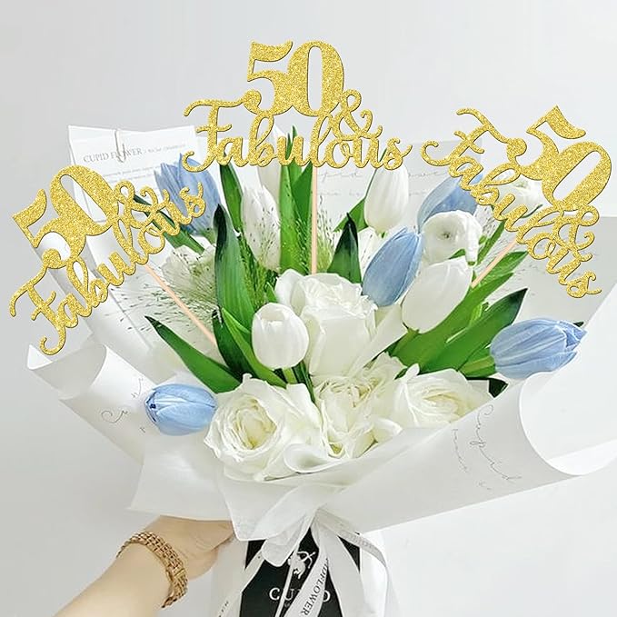 12 PCS 50 and Fabulous Centerpiece Sticks Double Sided Happy 50th Birthday Table Flower Centerpieces Sticks Cheers to 50 Floral Decorations for 50th Birthday Anniversary Party Supplies Gold