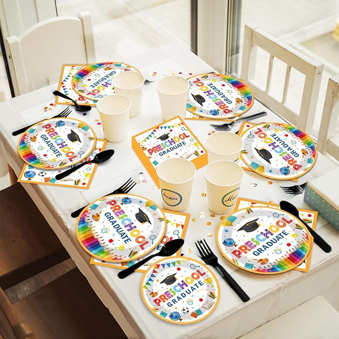 Preschool Graduation Party Supplies Pre-K Grad Tableware Set Kindergarten Graduation Plate Napkin Kindergarten Disposable Paper Dinnerware Kit for Graduate Party decoration Favor 24 Guest (White)