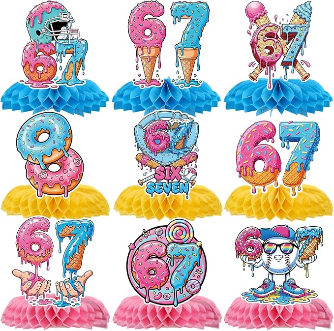 6 7 Birthday Decorations - 9 Pcs 67 Meme Birthday Theme Party Honeycomb Centerpieces Decor, Funny Six Seven Ice Cream Drip Baseball Party Supplies for Boys Girls
