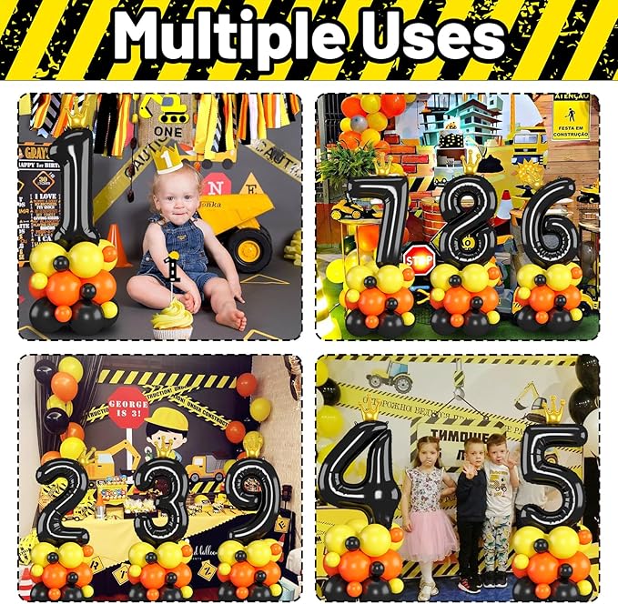 Black Number 3 Balloon 40 Inch Construction Number Three Foil Balloons Tower with Excavator Digger Truck for Boys Third 3rd Birthday Party Decorations Giant Large Digital Aluminum Balloons Stack