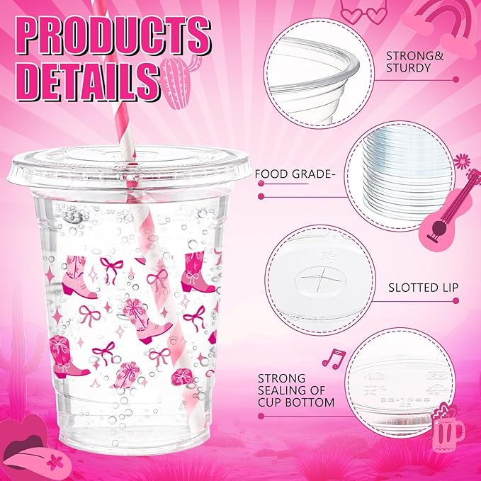 Yungyan 50 Sets Pink Cowgirl Plastic Cups with Lids and Straws 16 oz Disco Cowgirl Coffee Juice Drinking Cups for Western Party Decoration Wedding Birthday Bachelorette Party Supplies