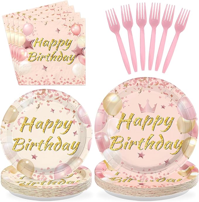 96Pcs Blush Beige Birthday Party Decorations Boho Dusty Pink Plates and Napkins Pink Rose Gold Glitter Happy Birthday Tableware Set for Women Girls Bridal Shower Wedding Party Supplies, Serves 24