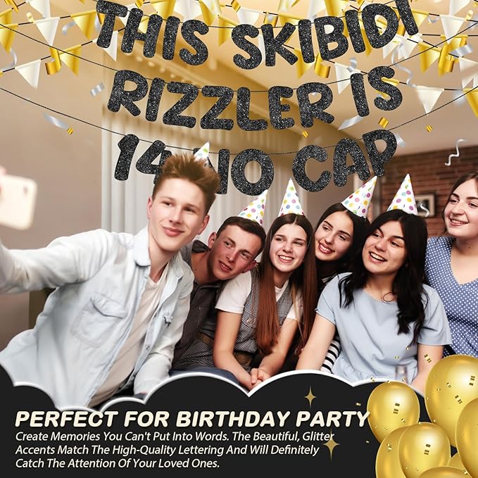 Fulmoon Pre Strung This Skibidi Rizzler Is No Cap Glitter Banner Birthday Party Decorations, Funny Birthday Sign, Party Supplies, Ideas, Gifts, Black