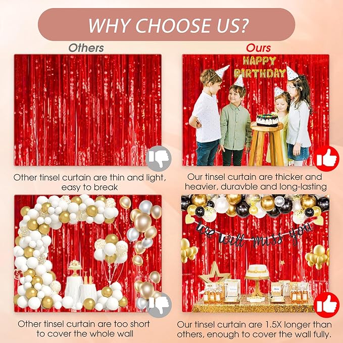 3 Pack Shiny Red Backdrop Party Decorations Tinsel Curtain Party Backdrop Foil Fringe Birthday Decorations Photo Booth Streamer Pink Theme Bachelorette Graduation Party Decorations