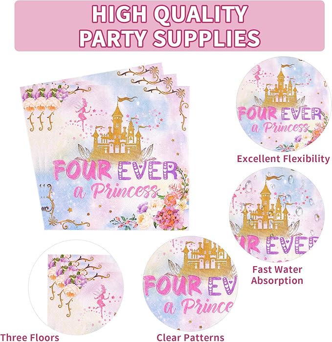96 Pcs Princess Birthday Party Supplies 350 GSM Four Ever a Princess Plates and Napkins Tableware Set Watercolor Pastel Rainbow Castle Party Decorations for Girl 4th Birthday Fairytale Party Serves 24