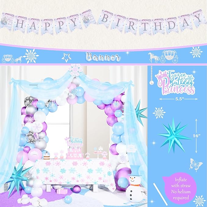 Winter Snow Birthday Party Decorations for Girls,Snowy Princess Birthday Supplies,Winter Wonderland Princess Party Decor,Ice Blue Silver Snowflake Balloons,Once Upon a Time Fairy Girl Party Decor