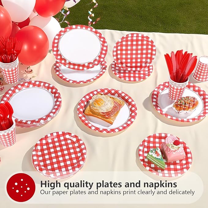 168Pcs Red Gingham Party Decorations Red and White Checkered Buffalo Plaid Plates Napkins Cups Forks Knives Spoons Tableware Set for Summer Pizza BBQ Picnic Baby Shower Birthday Party Supplies Serve24