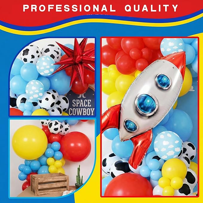 106Pcs Cowboy and Space Theme Birthday Decorations for Boys, Red Blue Yellow Balloon Garland Arch Kit with Cow Cloud Print Rocket Foil Balloons for Kids Cartoon Story Baby Shower Party Supplies