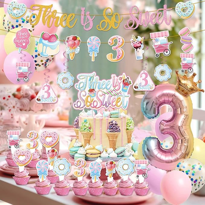3rd Happy Birthday Decorations for Girls- third pink birthday decorations, ice cream birthday party decor With Donut Banner Sweet Cake Topper 3rd Foil Balloon For Three Donut Themed Party