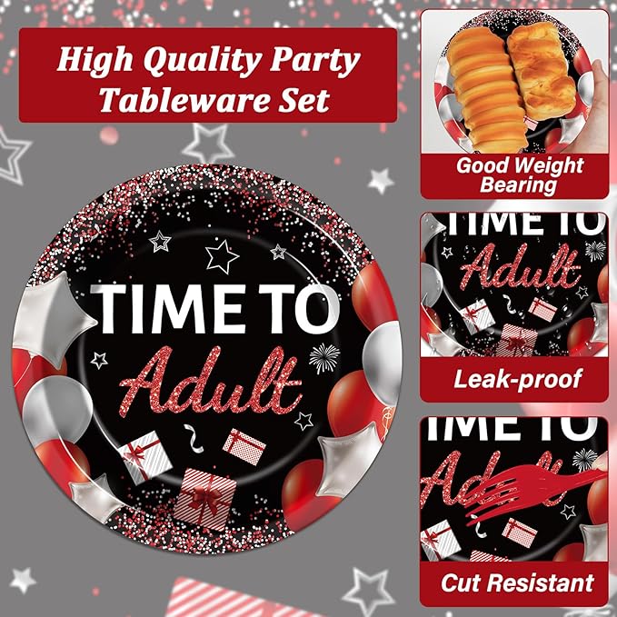 gisgfim 96 Pcs 18th Birthday Party Supplies Paper Plates Napkins Time To Adult Red Black 18 Years Old Birthday Party Dinner Dessert Tableware Set 18th Decorations Favors for Boys Girls Serves 24