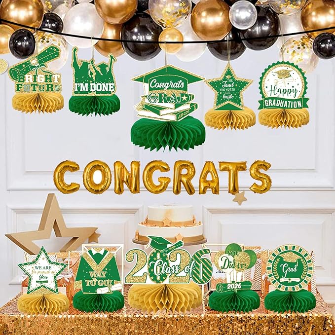 10PCS Graduation Party Decorations Class of 2026 Congrats Grad Table Centerpieces Congratulate Graduation Honeycomb Table Toppers for Graduation Party Supplies(Green Gold)