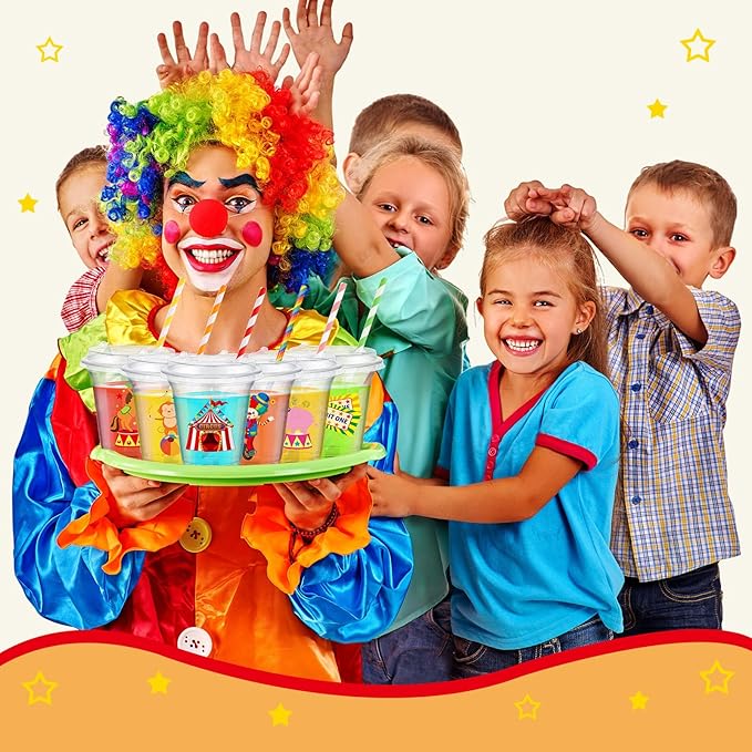 Boao 36 Sets Circus Carnival Cups with Lids and Paper Straws 14 oz Circus Carnival Birthday Party Supplies Favors Disposable Clear Plastic Cups Bulk