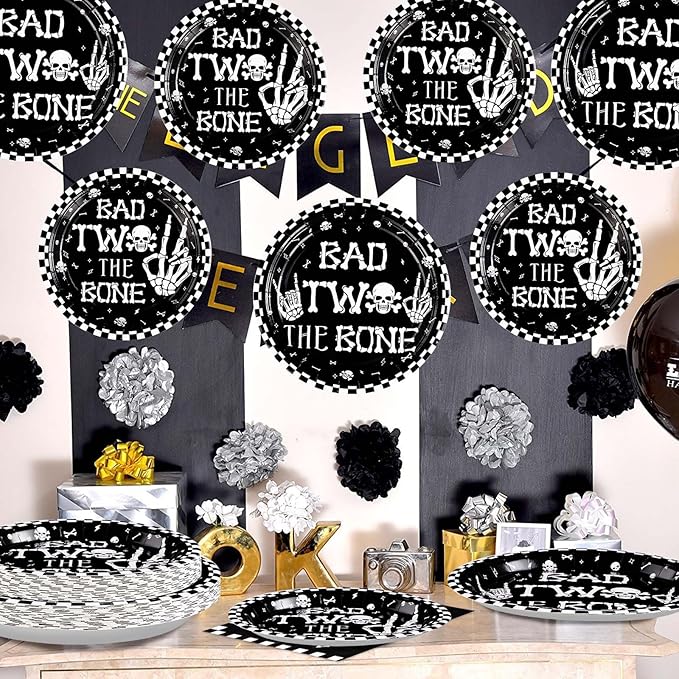 96Pcs Bad Two The Bone Party Supplies Black White Rock 2nd Birthday Plates and Napkins Tableware Bone Skull Second Birthday Party Decoration for Boy Skeleton Rock And Roll Music Theme Favors Serve 24