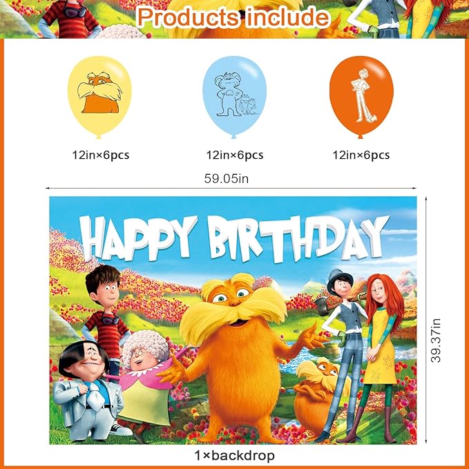 Cartoon Loraxs Birthday Party Decoration,Cartoon Party Photo Background 5 x 3 FT and 18 Pcs Balloon,Merch Party Backdrop Supplies