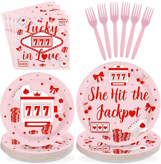 96Pcs Casino Themed Bachelorette Party Supplies She Hit The Jackpot Plates and Napkins Vegas Bachelorette Tableware Set for Girls Wedding Lucky in Love Engagement Party Decorations Serves 24