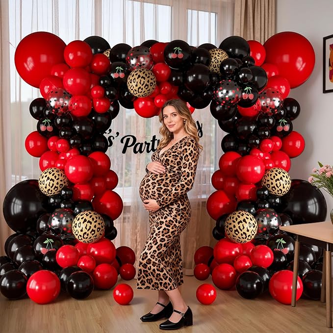 170Pcs Red and Black Balloons Garland Arch Kit, Cherry Black and Red Leopard Cheetah Printed Balloons for Women Cheetah Cherry Birthday Baby Shower Girl Night Bachelorette Party Decorations Supplies